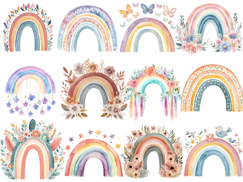 Boho Rainbow Clipart Collection, Pastel Watercolor Nursery Art 24 PNG ...