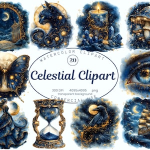 Celestial clipartcollectie, maan en sterren 20 png-illustraties, mythische kosmische aquarelstijl kunst, digitale download, commercieel gebruik