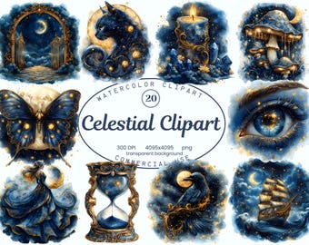 May include: Watercolor clipart set featuring celestial themes. Includes images of a black cat, butterfly, eye, hourglass, raven, and a sailboat. The text "Celestial Clipart" is displayed in the center of the image.