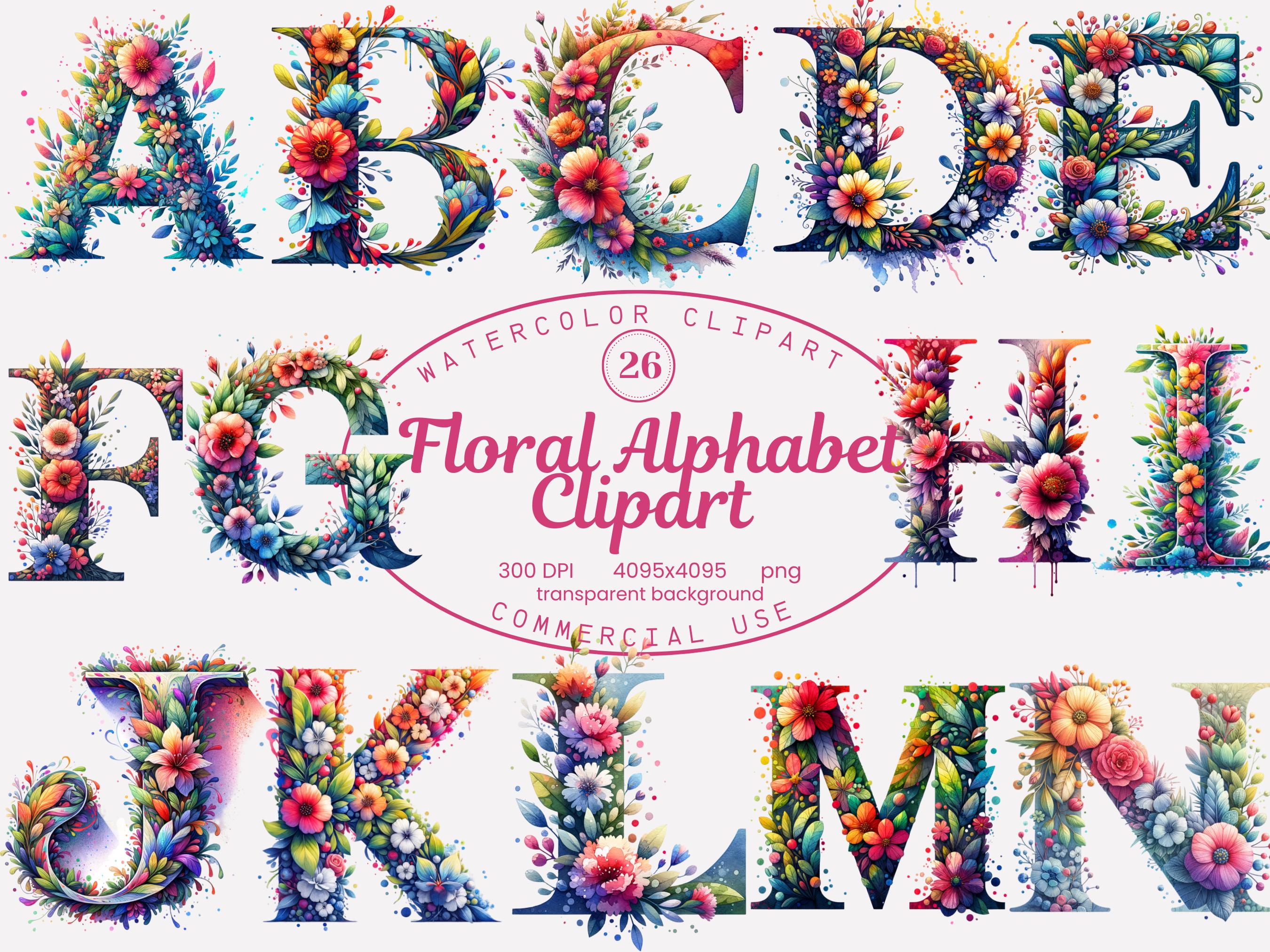 Floral Alphabet Clipart Collection, English Watercolor Letters 26 PNG Illustrations, Monogram Floral Art Digital Download Commercial Use