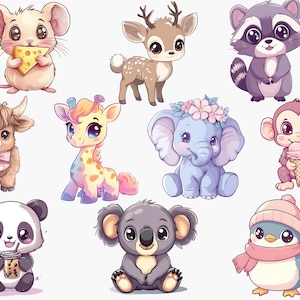 Op de afbeelding: Een verzameling schattige cartoondieren, waaronder een muis, een hert, een wasbeer, een giraffe, een olifant, een aap, een koala, een pinguin en een hooglandkoe. De dieren zijn allemaal getekend in een kleurrijke en grillige stijl.