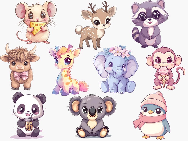 Op de afbeelding: Een verzameling schattige cartoondieren, waaronder een muis, een hert, een wasbeer, een giraffe, een olifant, een aap, een koala, een pinguin en een hooglandkoe. De dieren zijn allemaal getekend in een kleurrijke en grillige stijl.