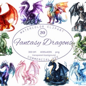 Collection de cliparts dragons fantastiques, contes de fées 20 PNG, illustrations magiques, art mythique de Style aquarelle, téléchargement numérique, usage Commercial