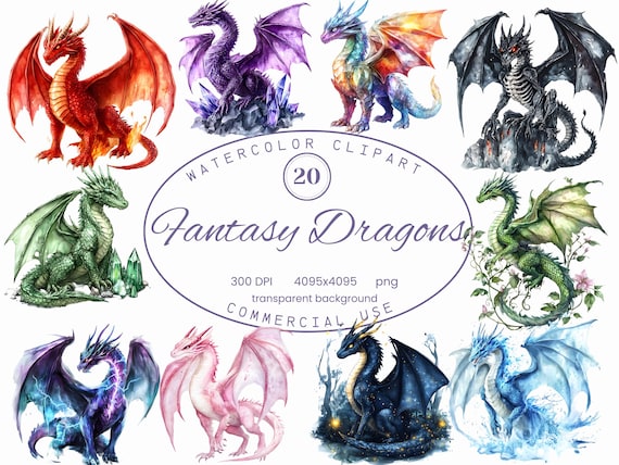 Fantasy Dragons Clipart Collection, Fairy Tale 20 PNG Magical Illustrations, Mythical Watercolor Style Art, Digital Download, Commercial Use