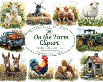 On the Farm Clipart Collection, Rustic Country Homestead, Watercolor Farm Animals Clipart Set 20 PNG, Farm Illustrations Sublimation Designs