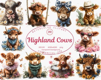 Highland Cow Clip Art Collection, Cute Baby Cow Watercolor 20 PNG illustrations, Farm Animal Rustic Style Art Digital Download