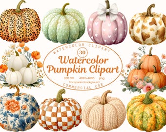 Colección de imágenes prediseñadas de calabazas en acuarela, 30 ilustraciones PNG de la cosecha de otoño, Acción de Gracias en acuarela, arte otoñal de granja, descarga digital