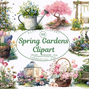 Puede incluir: Clipart digital acuarela con varias escenas de jardines primaverales. Incluye imágenes de un columpio de madera, un cerezo en flor rosa, un barril de madera lleno de flores y un jardín con un sendero de piedra. También se incluye el texto "Spring Gardens Clipart".