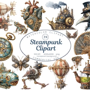 May include: Watercolor clipart set featuring steampunk-themed illustrations. Includes a clock, airship, heart, snail-castle, plague doctor, fan, submarine, butterfly, bird, hot air balloon, and teapot. The text reads "Steampunk Clipart".