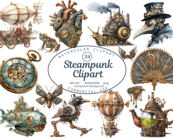 Steampunk Clipart Collection, Vintage Watercolor Victorian Gears, Goggles, Mechanical Wings 24 PNG, Antique Scrapbooking, Digital Download