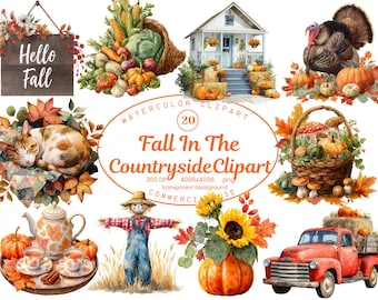 Fall Countryside Clipart: Watercolor Cottagecore Graphics (Digital Download)