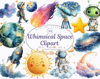 May include: Watercolor digital clipart set featuring whimsical space-themed illustrations. Includes an astronaut, planets, a comet, a telescope, a star, a rocket, a smiling sun, and a crescent moon. The text "Whimsical Space Clipart" is also included.