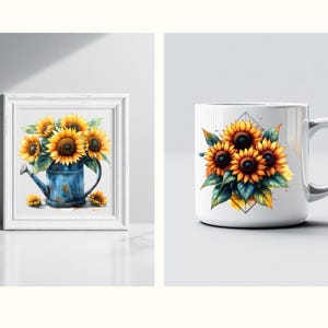 Op de afbeelding: Een witte keramische mok met een grafische afbeelding van een boeket zonnebloemen in een geometrisch ontwerp. De zonnebloemen zijn geel met bruine centra en groene bladeren.