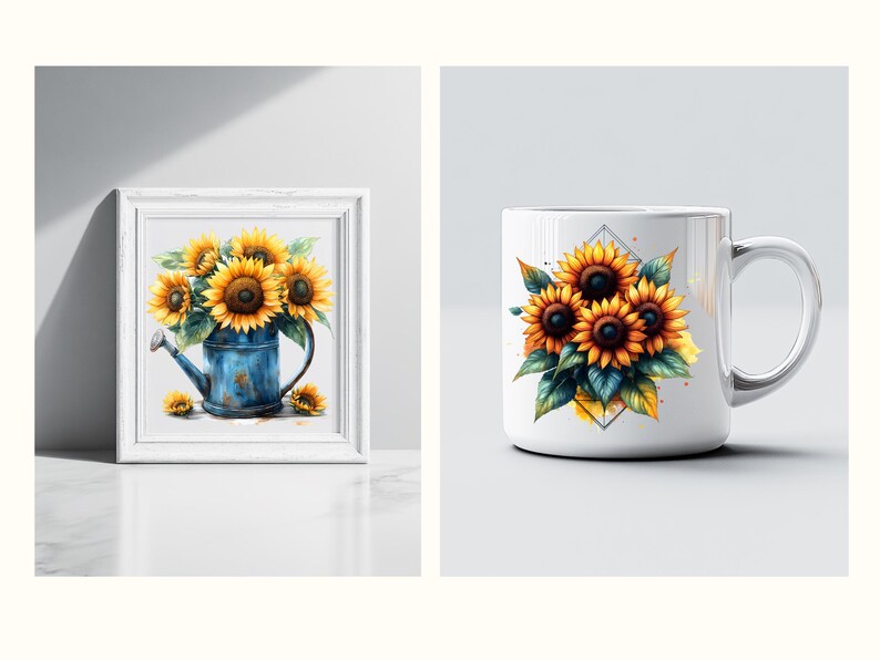 Op de afbeelding: Een witte keramische mok met een grafische afbeelding van een boeket zonnebloemen in een geometrisch ontwerp. De zonnebloemen zijn geel met bruine centra en groene bladeren.