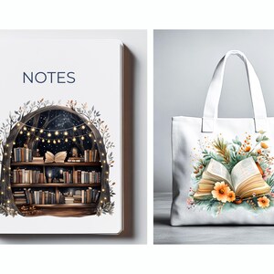 May include: A white spiral-bound notebook with the word "NOTES" and a whimsical illustration of a bookshelf in a forest. Next to it is a white tote bag with an open book and floral design.