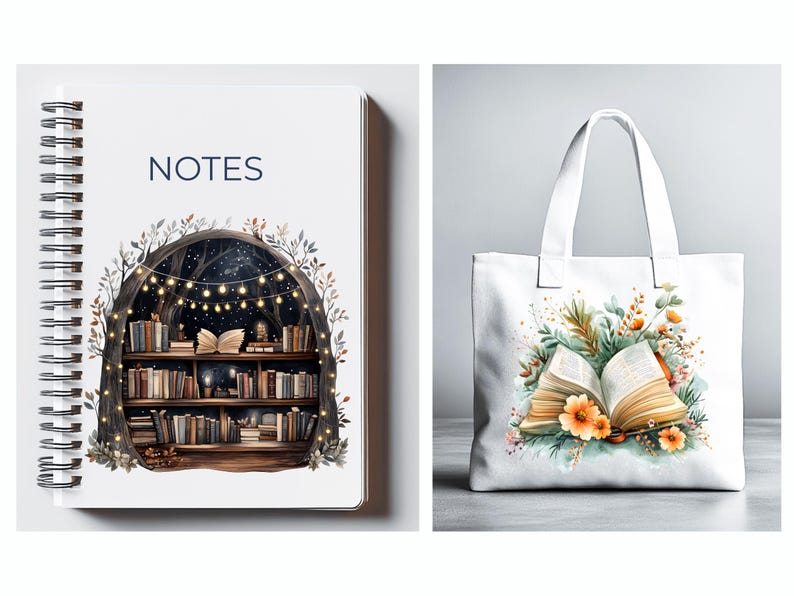 May include: A white spiral-bound notebook with the word "NOTES" and a whimsical illustration of a bookshelf in a forest. Next to it is a white tote bag with an open book and floral design.