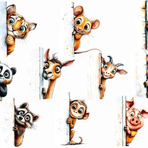 Knäppa djur Clipart-samling, fåniga akvarelldjur som kikar 20 PNG-illustrationer, tecknade djur, digital nedladdning, kommersiellt bruk bild 3