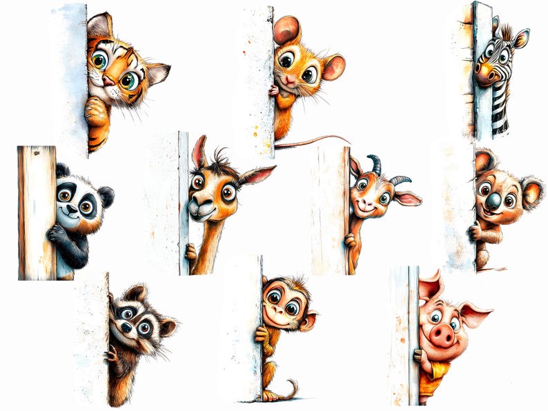 Knäppa djur Clipart-samling, fåniga akvarelldjur som kikar 20 PNG-illustrationer, tecknade djur, digital nedladdning, kommersiellt bruk bild 3