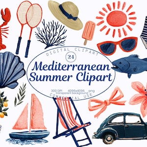 May include: Watercolor digital clipart set featuring summer and beach-themed illustrations. Includes a lobster, badminton rackets, a sun hat, a popsicle, sunglasses, a swimsuit, a seashell, a fish, a lemon tree, a sailboat, a beach chair, a car, and the text "Mediterranean Summer Clipart".