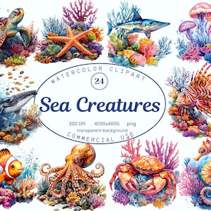 Meeresbewohner Clipart Sammlung, Meerestiere Meerestiere 24 PNG Illustrationen, Aquarell Delfin, Meeresschildkröte Hai Kunst Digitaler Download