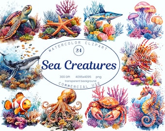 May include: Watercolor clipart set of 24 sea creatures, including a sea turtle, starfish, fish, whale, octopus, crab, and seahorse. The illustrations are set against a background of colorful coral reefs.