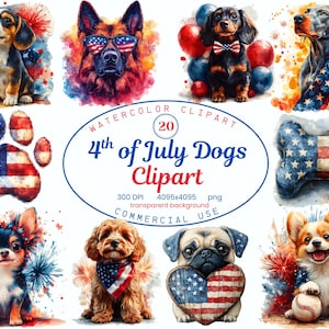 4 juillet chiens Clipart Collection, fête de l'indépendance des États-Unis aquarelle 20 Illustrations PNG, fête du drapeau américain PNG, téléchargement numérique
