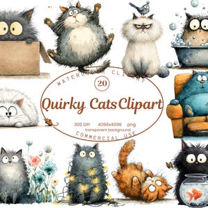 Quirky Cats Clipart Collection, Funny Watercolor Cat Graphics 20 PNG Illustrations, Whimsical Cat Art, Digital Download, Commercial Use
