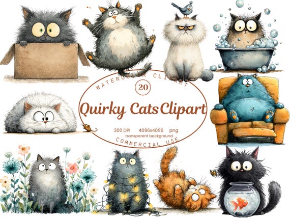 Quirky Cats Clipart Collection, Funny Watercolor Cat Graphics 20 PNG Illustrations, Whimsical Cat Art, Digital Download, Commercial Use
