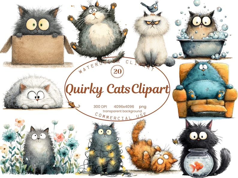 Op de afbeelding: Waterverf clipart met grillige kattenillustraties in verschillende poses. De collectie bevat katten in een doos, in een badkuip en loungen in een fauteuil. De tekst "Quirky Cats Clipart" wordt weergegeven in een cirkelvormig ontwerp.