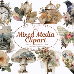 May include: A collection of digital clipart illustrations in a vintage style. The set includes a clock, birdcage, raven, butterfly, typewriter, and floral elements. The text "Mixed Media Clipart" is displayed in a brown oval. The images have a watercolour effect.