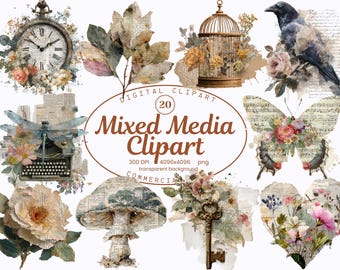 Coleção de Clipart em Aquarela com Técnicas Mistas, Elementos em Estilo Colagem Vintage (20 PNGs), Scrapbooking Digital, Download Digital