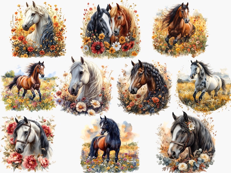 Op de afbeelding: Een digitale collage van tien afbeeldingen met paarden in verschillende poses en omgevingen. Elk paard is omringd door kleurrijke bloemen en groen. De paarden zijn allemaal in verschillende kleuren en rassen, waaronder bruin, wit, zwart en gevlekt.