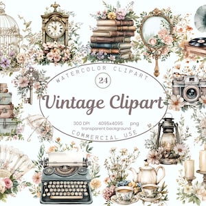 Collection de cliparts vintage, aquarelle nostalgique rétro éphémère 24 illustrations PNG, machine à écrire ancienne, Junk Journal, charme de l'ancien monde