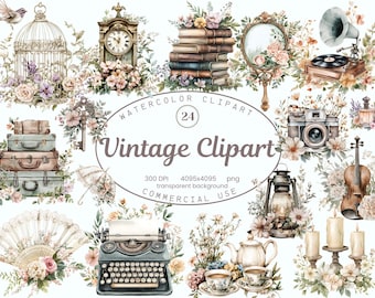May include: A set of 24 vintage watercolor clipart illustrations. The illustrations include a birdcage, clock, books, mirror, record player, camera, suitcase, key, umbrella, fan, typewriter, teapot, teacup, lantern, candles, violin, and floral arrangements.