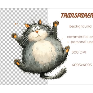 Op de afbeelding: Waterverfillustratie van een grijze kat met oranje poten en oren, in een speelse pose. De kat heeft een rond lichaam en een vrolijke uitdrukking. De afbeelding bevat het woord "TRANSPARENT" en andere tekst.