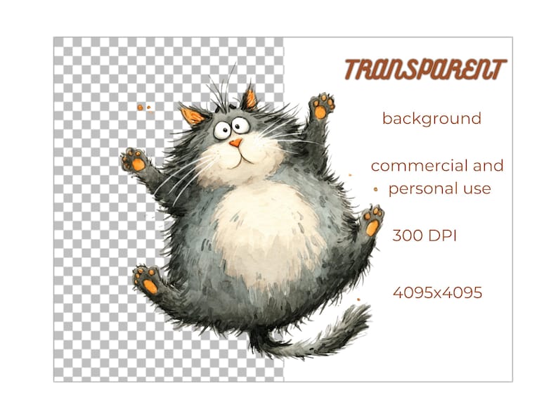 Op de afbeelding: Waterverfillustratie van een grijze kat met oranje poten en oren, in een speelse pose. De kat heeft een rond lichaam en een vrolijke uitdrukking. De afbeelding bevat het woord "TRANSPARENT" en andere tekst.