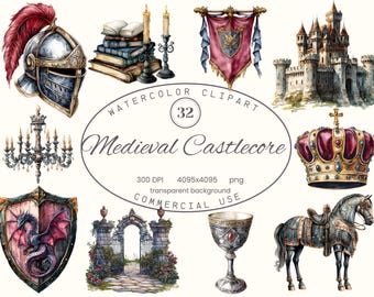 Medieval Castlecore Clip Art Collection, Rustic 32 PNG illustrations, Watercolor Style Art Digital Download Commercial Use