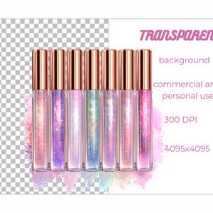 May include: Seven lip gloss tubes with rose gold caps, each filled with shimmering, colorful glosses in shades of pink, purple, and blue. The image includes the text "TRANSPARENT" and details about the background and usage.