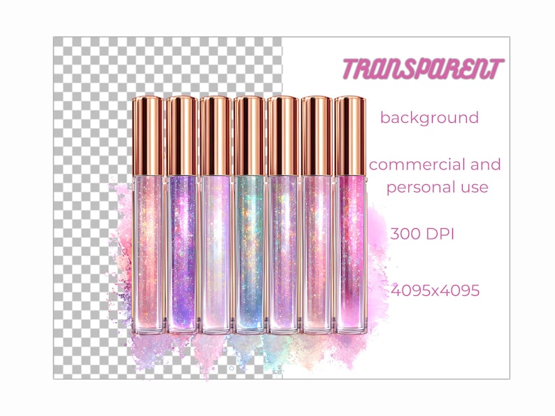 May include: Seven lip gloss tubes with rose gold caps, each filled with shimmering, colorful glosses in shades of pink, purple, and blue. The image includes the text "TRANSPARENT" and details about the background and usage.