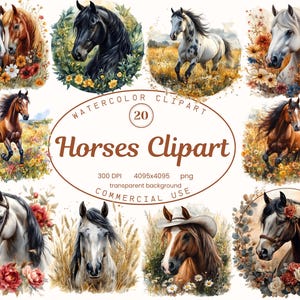 Pferde Clip Art Sammlung, rustikale Aquarell Blumenpferde 20 PNG Illustrationen, Bauernhof Tiere rustikalen Stil Kunst, Derby PNG, digitaler Download