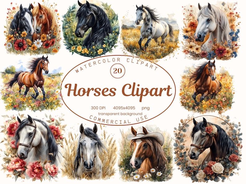 Op de afbeelding: Een set van 20 aquarel clipart-afbeeldingen van paarden in verschillende poses en omgevingen. De paarden zijn afgebeeld in een realistische stijl met gedetailleerde kenmerken en levendige kleuren. De afbeeldingen zijn perfect voor gebruik in digitaal scrapbooken, kaart maken, uitnodigingen en andere creatieve projecten.