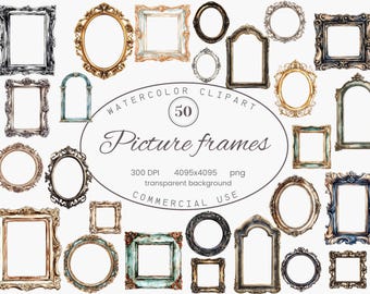Picture Frames Clipart, Watercolor Vintage Frames Clipart, Classic Baroque Frames illustrations 50 PNG, Digital Download Commercial Use