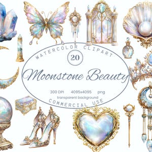 Clip Art-collectie Moonstone Beauty, elegante met goud versierde ontwerpen 20 png, dromerige kunst digitale download commercieel gebruik