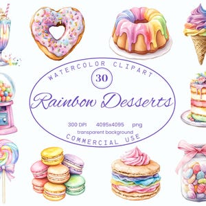 Coleção de clipart de sobremesas de arco-íris pastel, 30 ilustrações PNG de guloseimas doces, download digital de arte em estilo aquarela para uso comercial