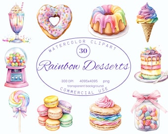 Pastel Rainbow Desserts Clip Art Collection, Sweet treats 30 PNG illustrations, Watercolor Style Art Digital Download Commercial Use