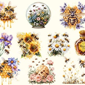 May include: A collection of digital illustrations featuring bees, honeycombs, flowers, and a bottle of honey. The illustrations are in a watercolor style and feature a variety of colors, including yellow, brown, white, and purple.
