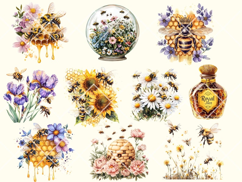May include: A collection of digital illustrations featuring bees, honeycombs, flowers, and a bottle of honey. The illustrations are in a watercolor style and feature a variety of colors, including yellow, brown, white, and purple.