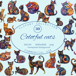 Colorful Cats Clip Art, Quirky Abstract Cats 30 PNG illustrations, Whimsical Mandala Cats, Vibrant Art Digital Download Commercial Use