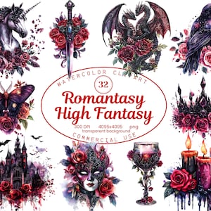 Romantasy High Fantasy Clipart Collection, 32 PNG Dragon Rider Clipart, Gothic Dragon Girl Book Design, Halloween Graphics