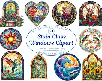 Stain Glass Window Clipart Collection, Enchanted Watercolor 24 PNG Illustrations, Mosaic Mandala Graphics, Digital Download Commercial Use